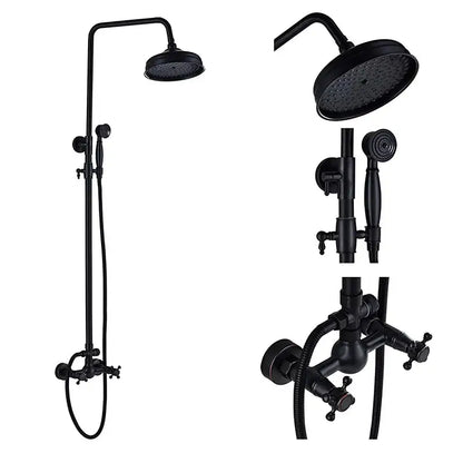 Matte black dual handle shower mixer bathroom set with rainfall shower faucet and handheld spray nozzle in black matte finish