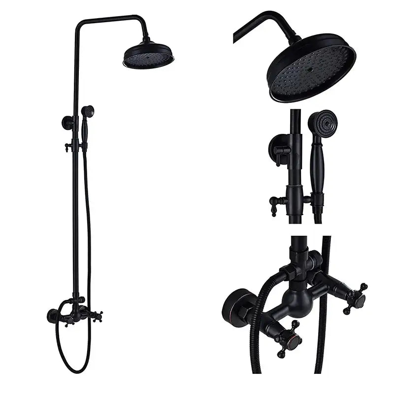 Matte black dual handle shower mixer bathroom set with rainfall shower faucet and handheld spray nozzle in black matte finish