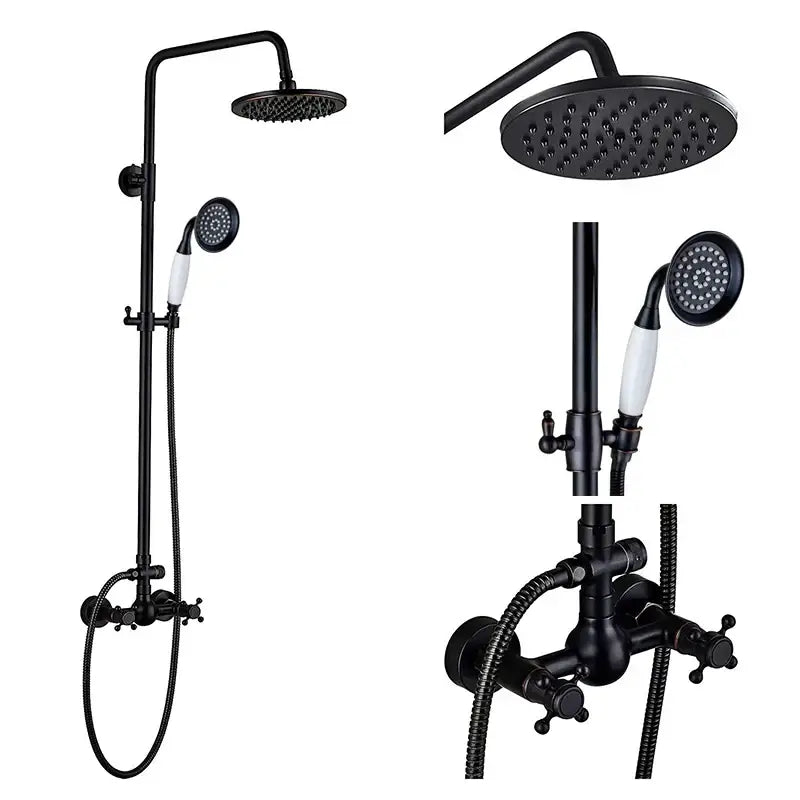 Matte black dual handle shower mixer faucet with round rainhead and white ceramic handles bathroom set