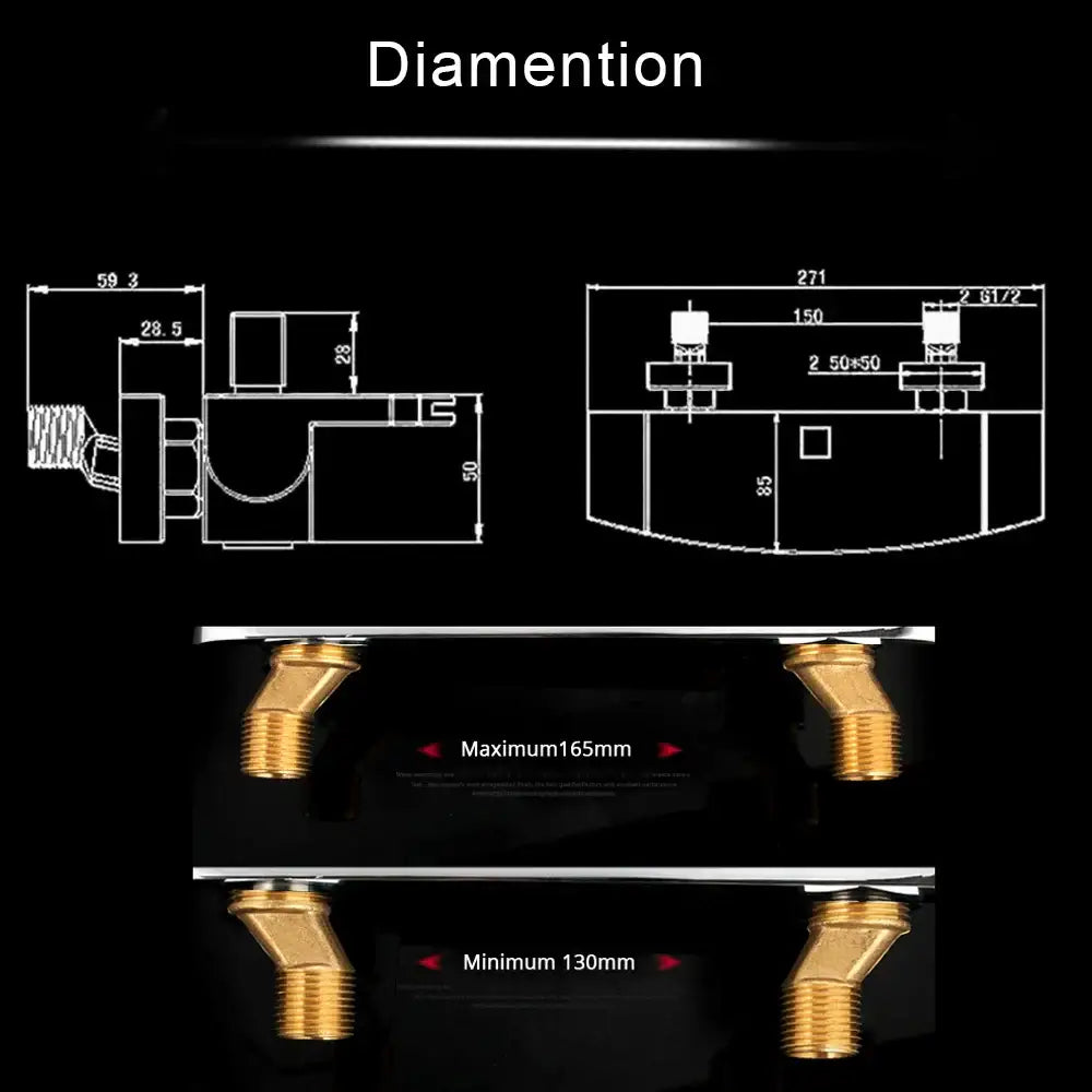Brass-colored metal showerhead with threaded fittings and technical diagrams for matte black dual handle mixer tap decorbites