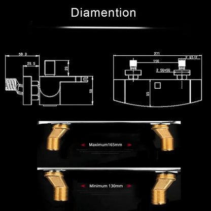 Brass-colored metal showerhead with threaded fittings and technical diagrams for matte black dual handle mixer tap decorbites