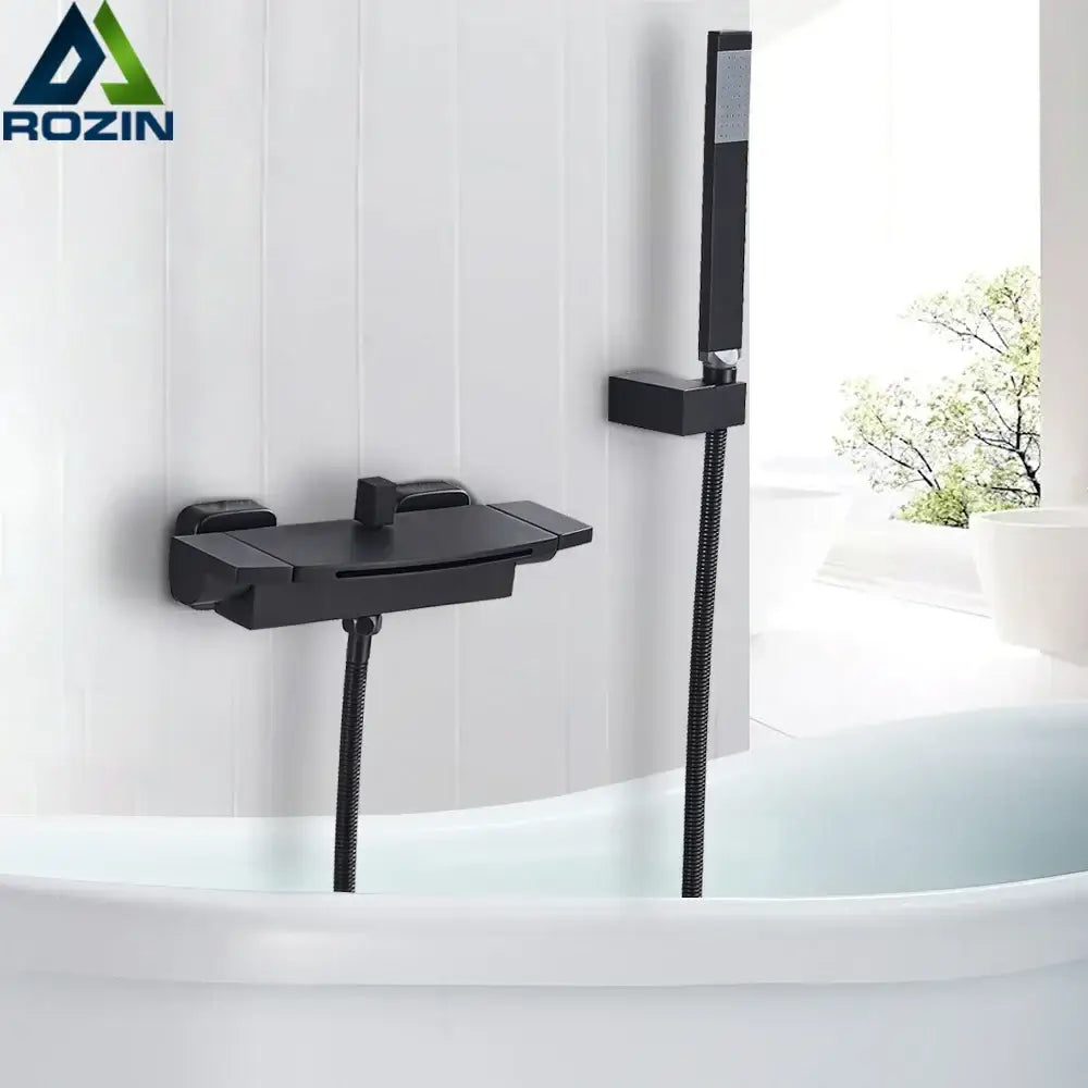 Matte black dual handle waterfall mixer tap with handshower bathroom set featuring rozin faucet and flexible hose by decorbites dual handle