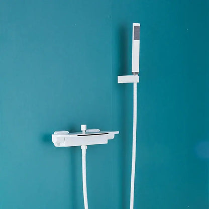 White modern dual handle mixer tap with sleek rectangular handheld showerhead for decorbites dual handle bathroom use