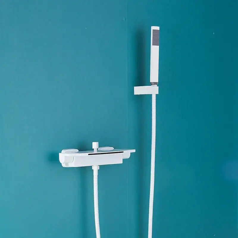 White modern dual handle mixer tap with sleek rectangular handheld showerhead for decorbites dual handle bathroom use