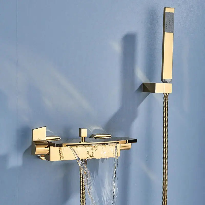 Gold-toned modern dual handle mixer tap with waterfall spout and handheld showerhead for bathroom by decorbites dual handle