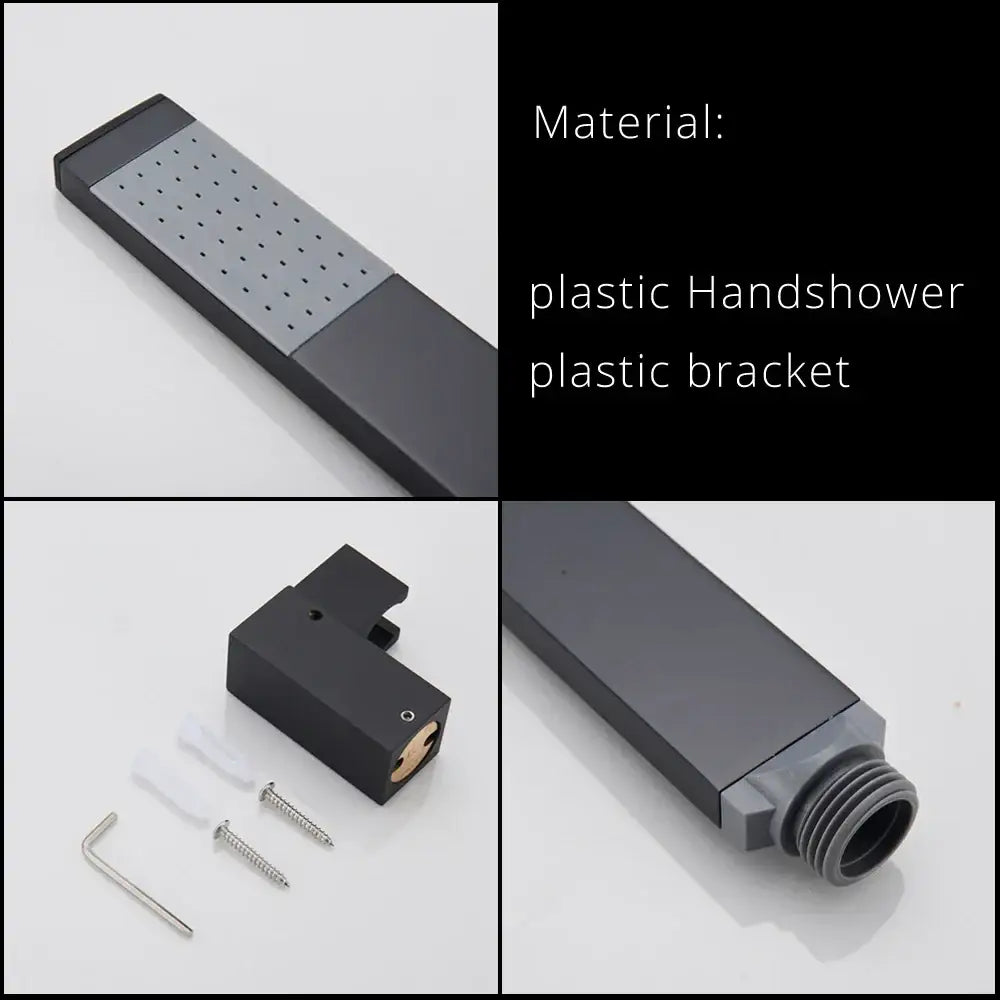 Matte black dual handle mixer tap with black plastic handheld showerhead and matching mounting bracket by decorbites