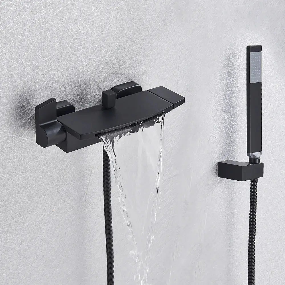 Matte black dual handle waterfall mixer tap with integrated handheld spray head for bathroom decorbites dual handle design