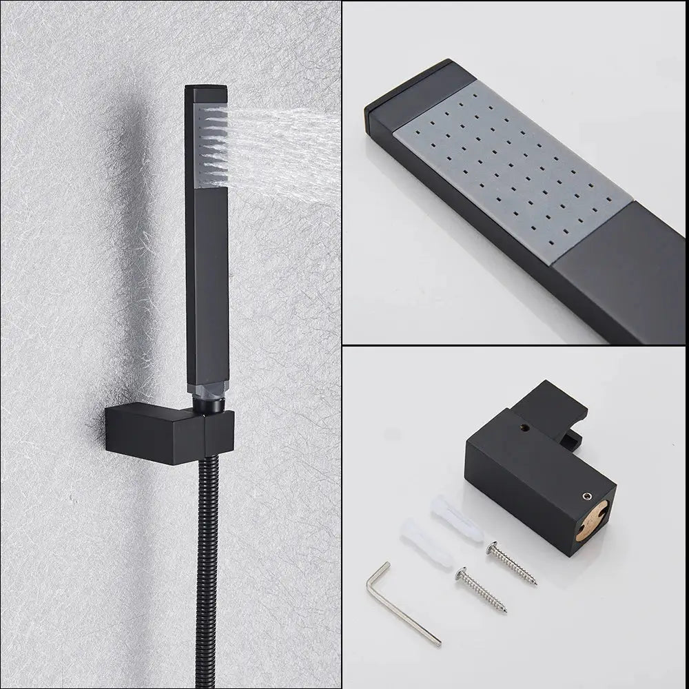 Black matte finish wall-mounted shower head with rectangular design and multiple nozzles for decorbites dual handle mixer tap