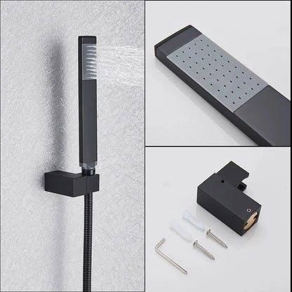Black matte finish wall-mounted shower head with rectangular design and multiple nozzles for decorbites dual handle mixer tap