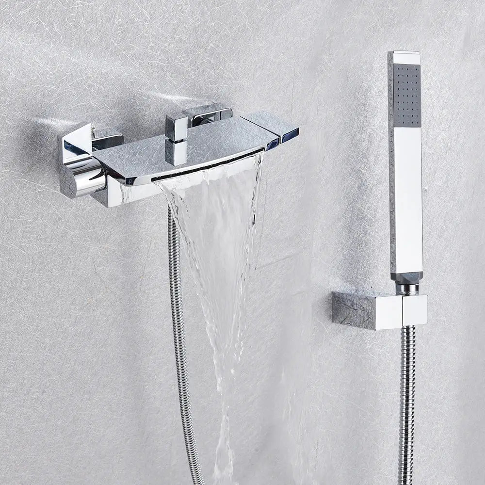 Matte black decorbites dual handle waterfall mixer tap with handshower and chrome-finished handheld showerhead