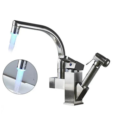Matte black dual spout kitchen faucet with pull out spray mixer and modern stainless steel curved spout decorbites dual spout