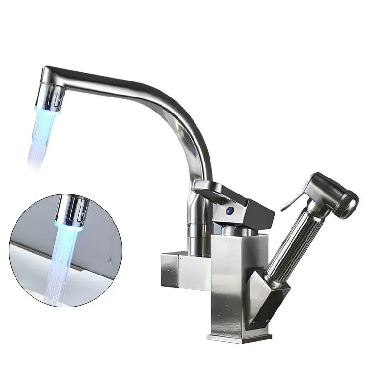 Matte black dual spout kitchen faucet with pull out spray mixer and modern stainless steel curved spout decorbites dual spout