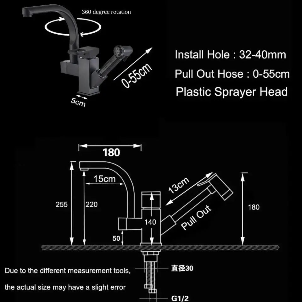 Matte black decorbites dual spout kitchen faucet with 360-degree rotating pull-out spray head mixer in black matte finish