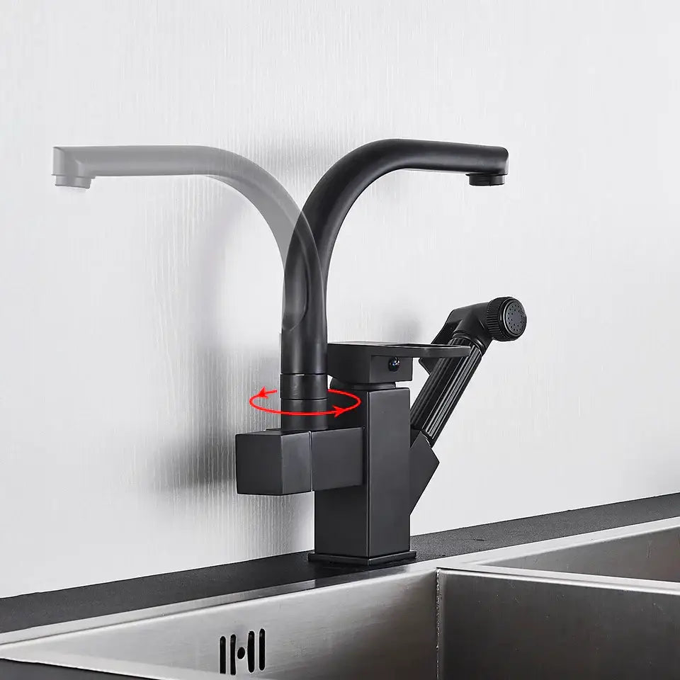 Matte black dual spout kitchen faucet with pull out spray mixer featuring a modern geometric design by decorbites dual spout black