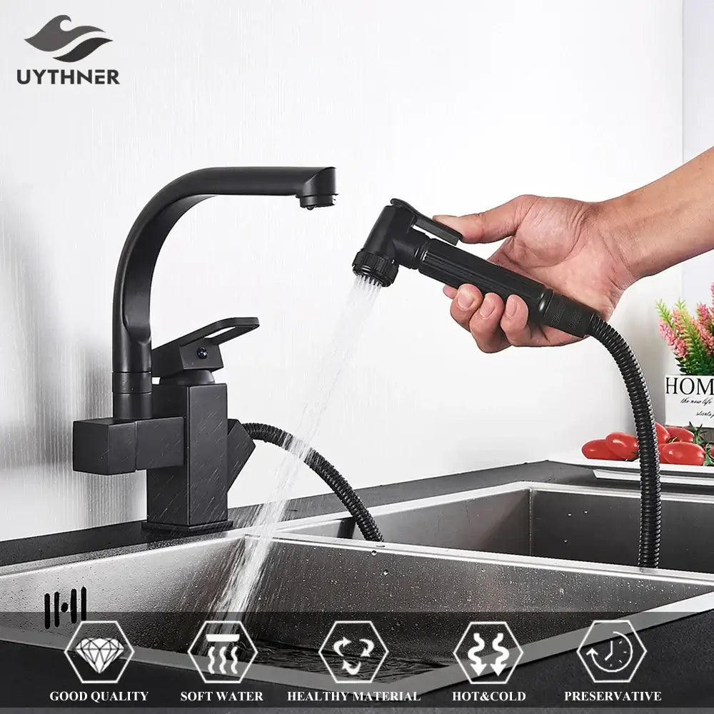 Matte black dual spout kitchen faucet with pull out spray mixer and flexible hose by decorbites dual spout black design