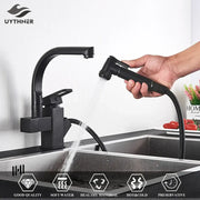 Matte black dual spout kitchen faucet with pull out spray mixer and flexible hose by decorbites dual spout black design