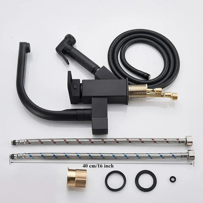 Matte black dual spout kitchen faucet with pull out spray mixer featuring brass accents and decorbites dual spout black design