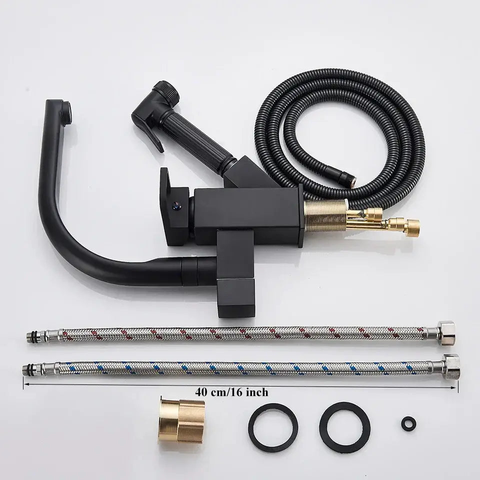 Matte black dual spout kitchen faucet with pull out spray mixer featuring brass accents and decorbites dual spout black design