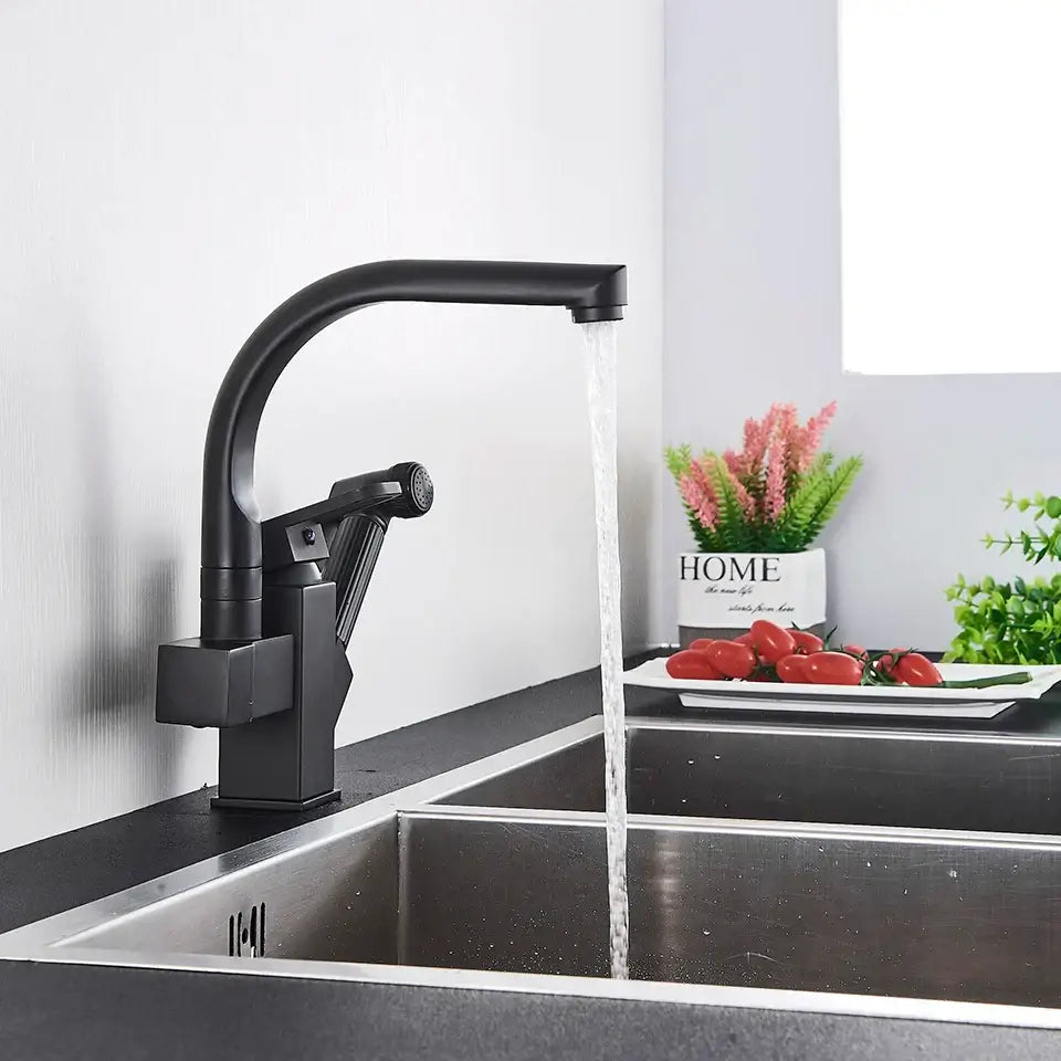 Matte black dual spout kitchen faucet with pull down spray mixer by decorbites featuring a curved spout design