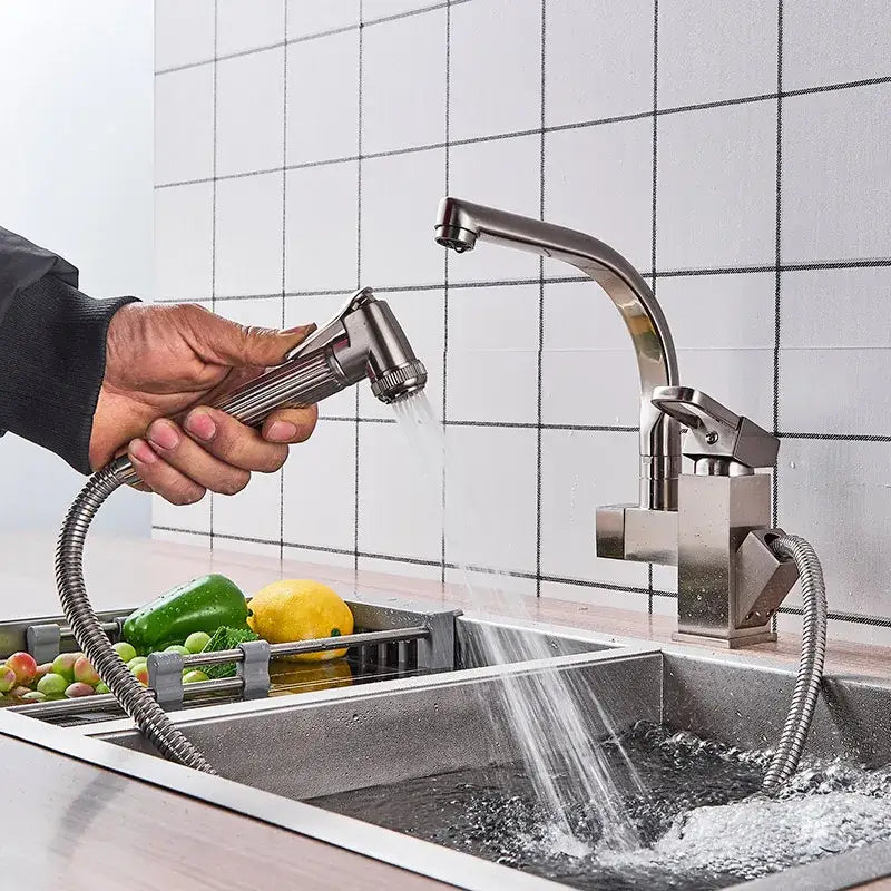 Matte black dual spout kitchen faucet with pull out spray mixer featuring stainless steel flexible spray hose decorbites dual spout black