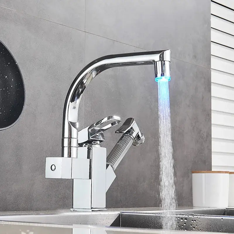 Matte black dual spout kitchen faucet with pull out spray mixer and chrome finish blue led light decorbites dual spout