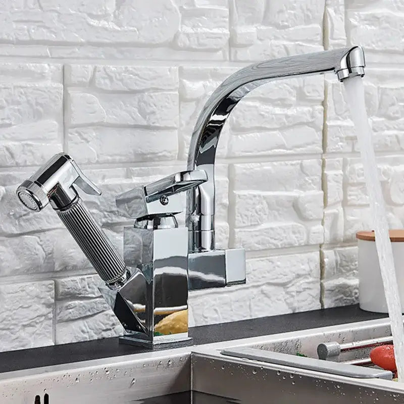 Chrome finished kitchen faucet with sleek arched spout and pull out spray heads for decorbites dual spout black design