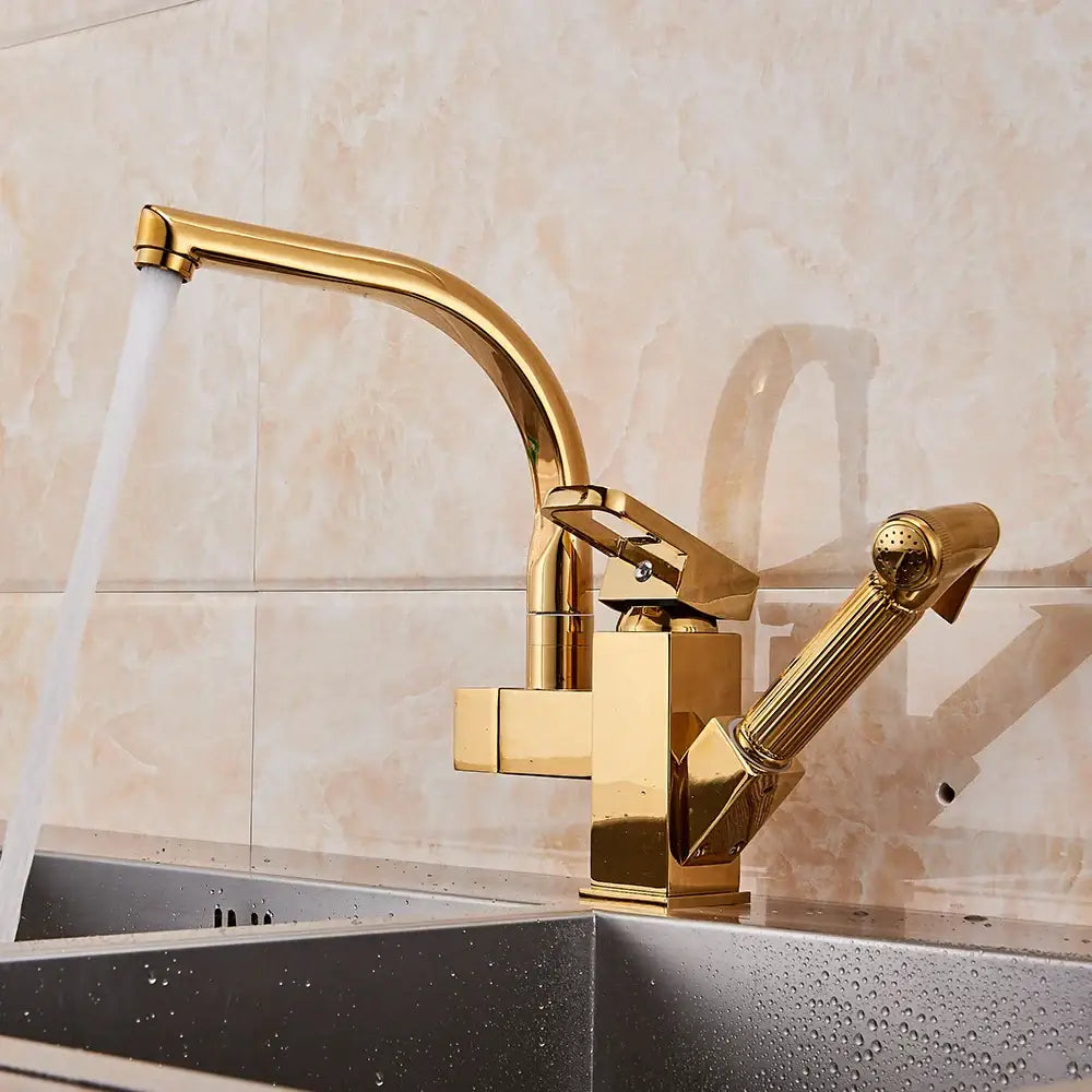 Gold kitchen faucet with sleek curved spout and integrated pull out spray head for decorbites dual spout black mixer