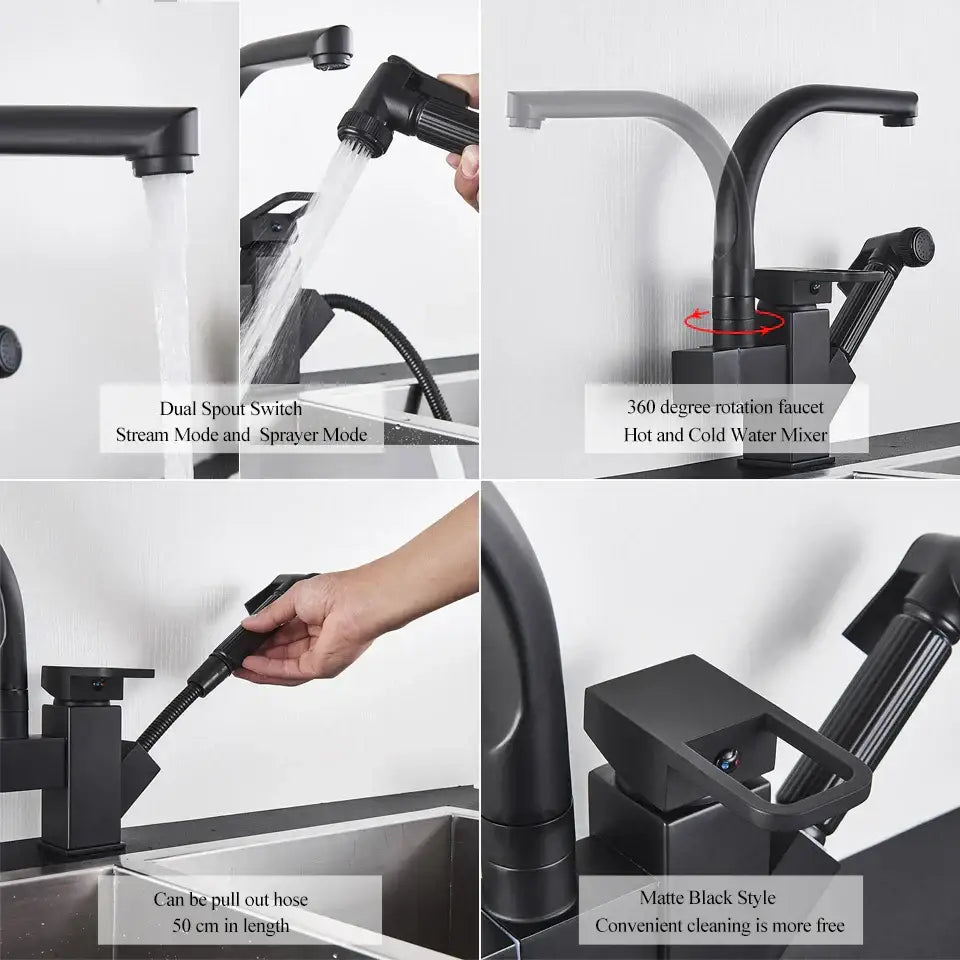 Matte black dual spout kitchen faucet with 360-degree rotating spout and pull out spray mixer by decorbites