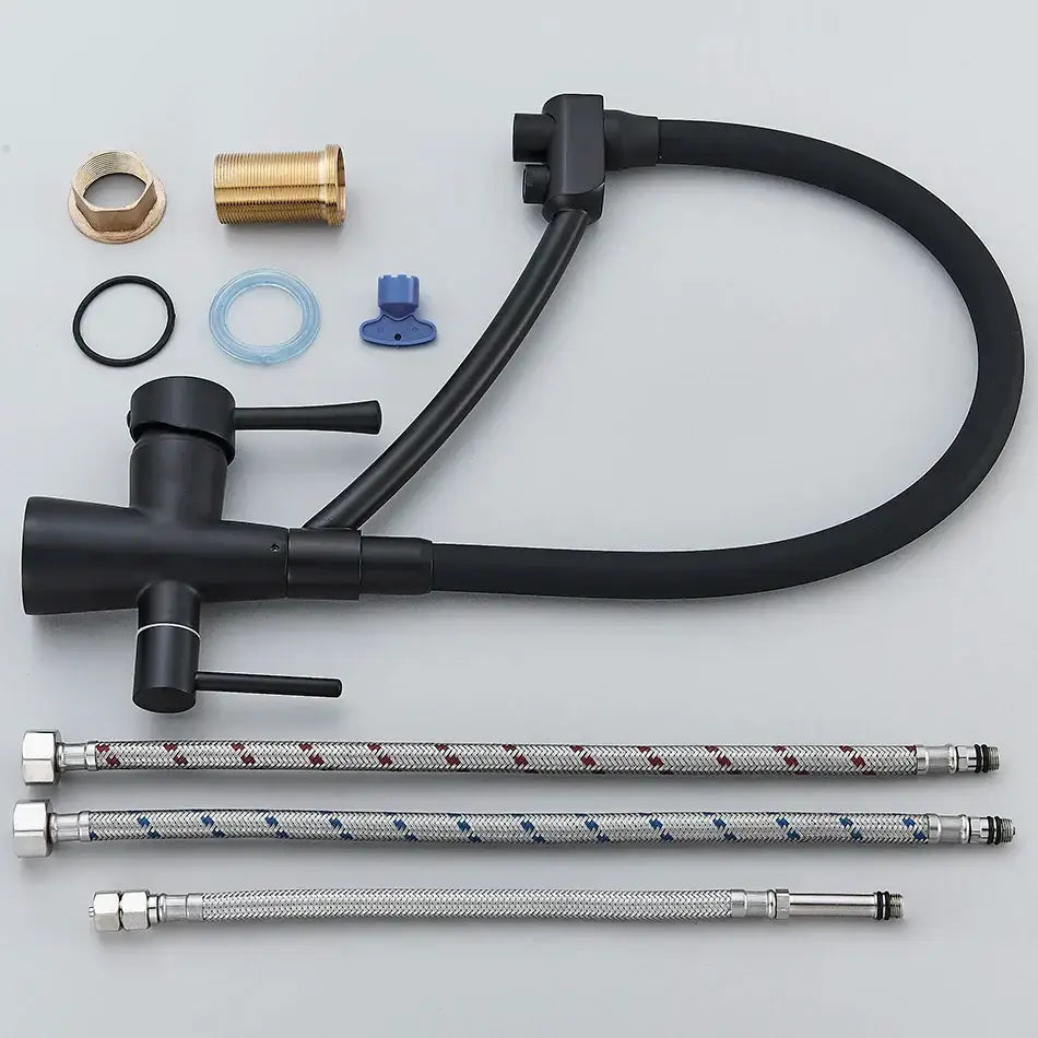 Matte black decorbites dual spout kitchen faucet with curved gooseneck spout and flexible silver braided hoses