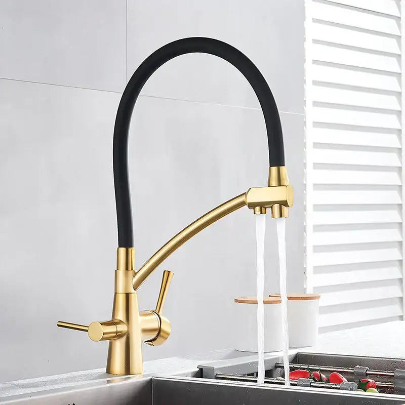 Matte black dual spout kitchen faucet with gold-toned body, black flexible hose, dual spray nozzles, and water purification