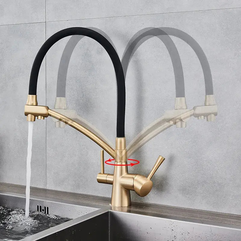 Matte black decorbites dual spout kitchen faucet with gold-toned flexible hose and dual handles for hot and cold water control