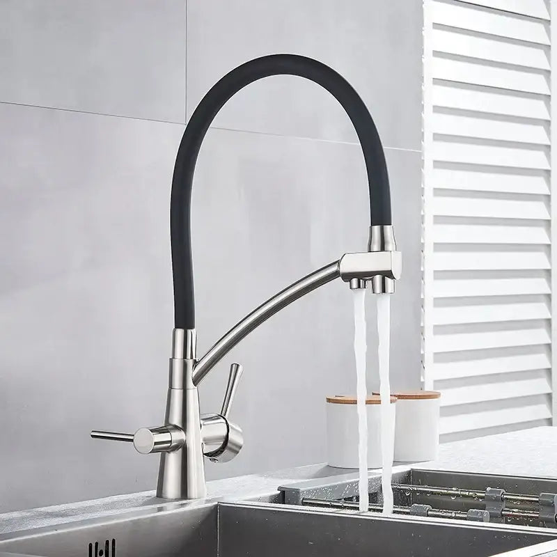 Matte black dual spout kitchen faucet by decorbites with brushed stainless steel body and flexible hose for water purification