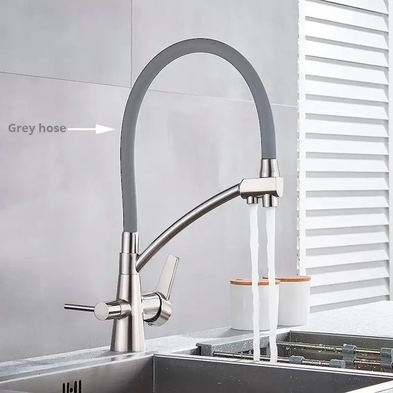 Matte black decorbites dual spout kitchen faucet with brushed stainless steel flexible hose and dual spray nozzles water purification