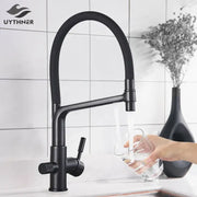 Matte black dual spout kitchen water filter faucet with curved spout and single handle control 360 rotation