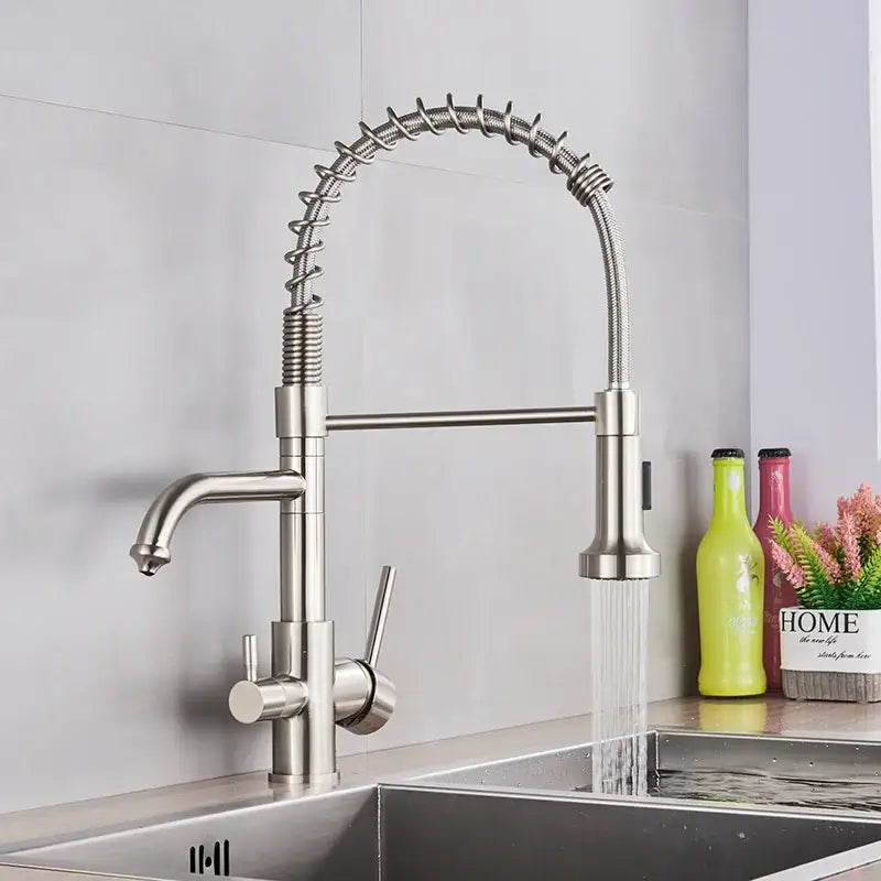 Matte black stainless steel kitchen water filter faucet with dual spout flexible coiled gooseneck design