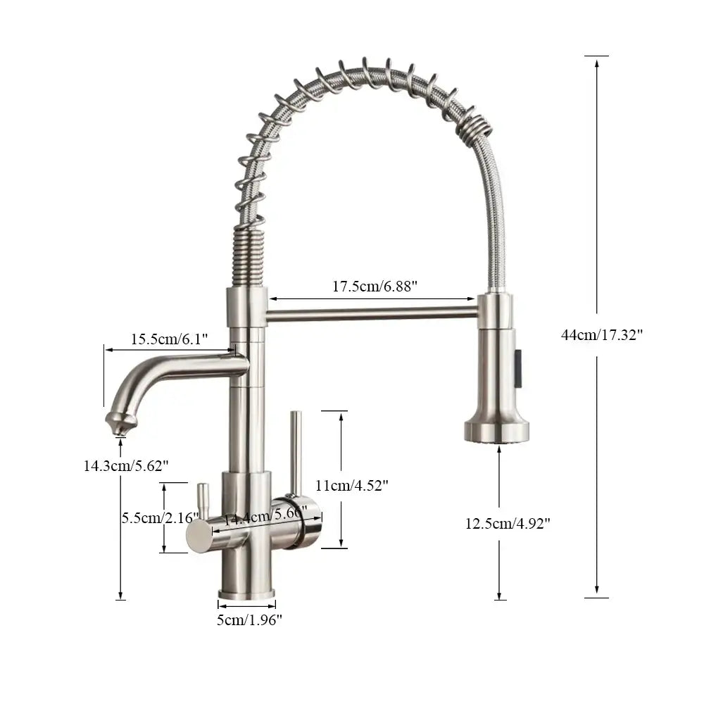 Matte black dual spout kitchen water filter faucet with stainless steel gooseneck and pull-down spray head
