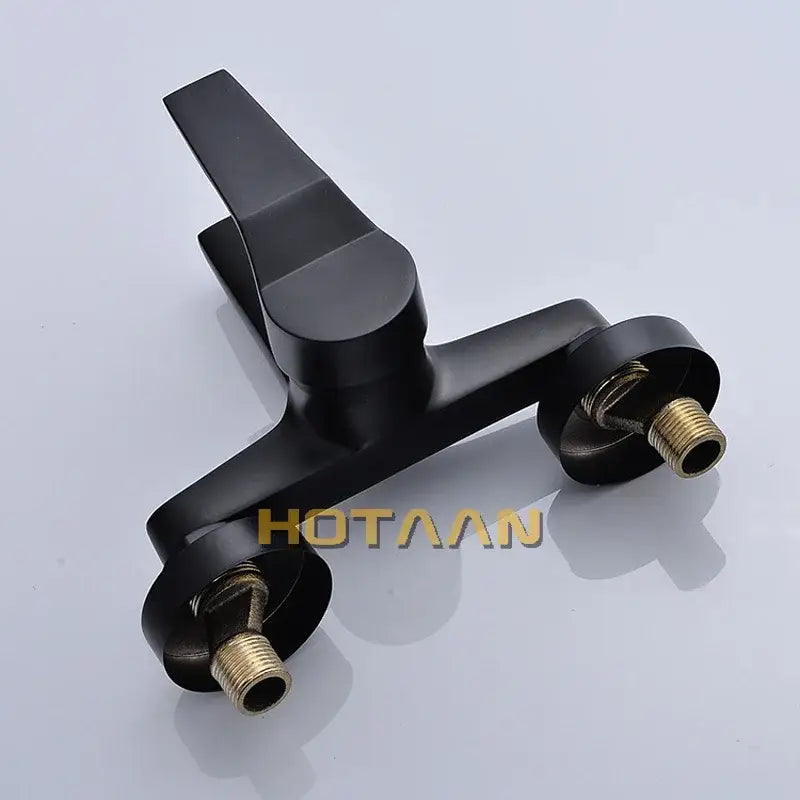 Matte black finish shower faucet with handheld mixer showing black matte finish and gold-toned threaded connectors