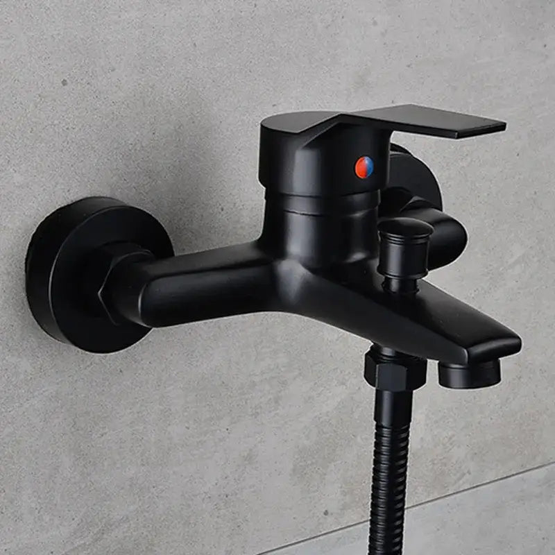 Black matte-finish shower faucet with handheld mixer and red blue temperature indicator by decorbites black finish
