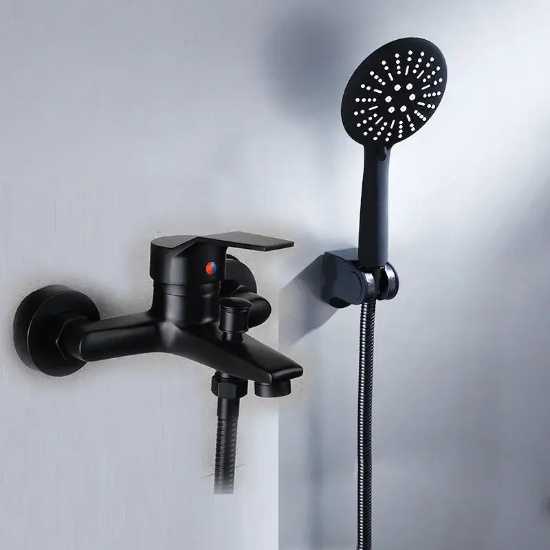Matte black finish shower faucet with handheld mixer and flexible hose in black finish decorbites style