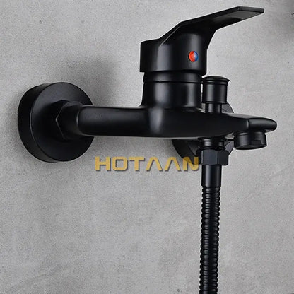 Matte black finish shower faucet with handheld mixer featuring a black finish and red blue temperature indicator handle