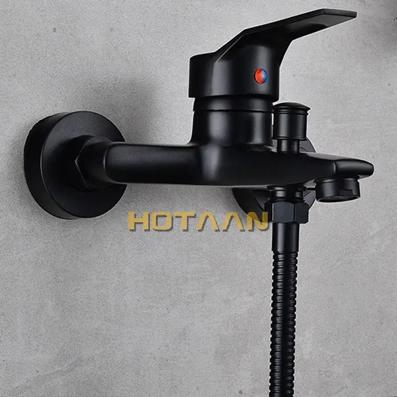 Matte black finish shower faucet with handheld mixer featuring a black finish and red blue temperature indicator handle