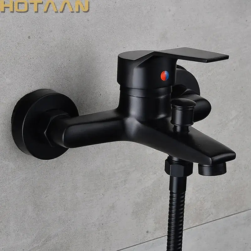 Matte black finish shower faucet wall-mounted with black finish and red blue temperature indicator by decorbites black finish