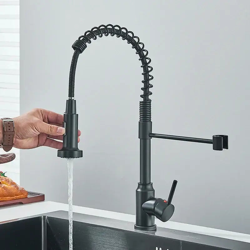 Matte black flexible kitchen faucet with pull down sprayer nozzle and coiled spring neck for decorbites black flexible design