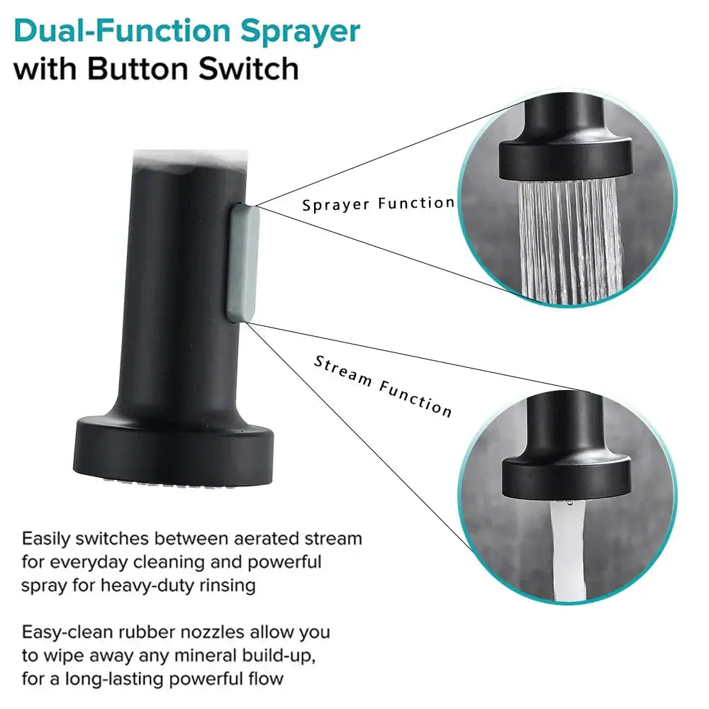 Matte black flexible kitchen faucet with dual-function spray nozzle and button switch for stream or sprayer use decorbites black flexible