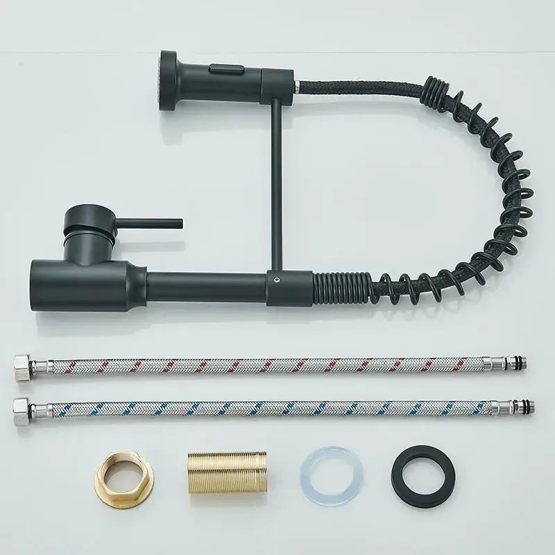 Matte black flexible kitchen faucet with pull down sprayer nozzle and braided supply tubes by decorbites black flexible