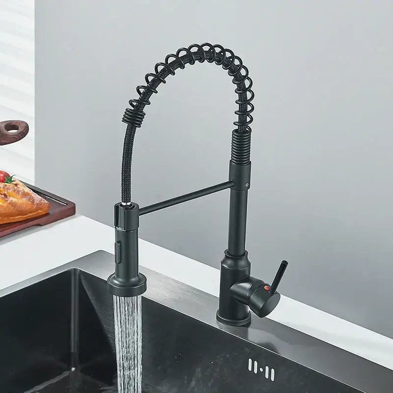 Matte black flexible kitchen faucet with pull down sprayer nozzle and coiled spring hose from decorbites black flexible series
