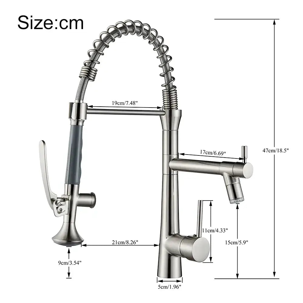 Stainless steel matte black led kitchen faucet with dual spout mixer and flexible coiled hose and gray handle