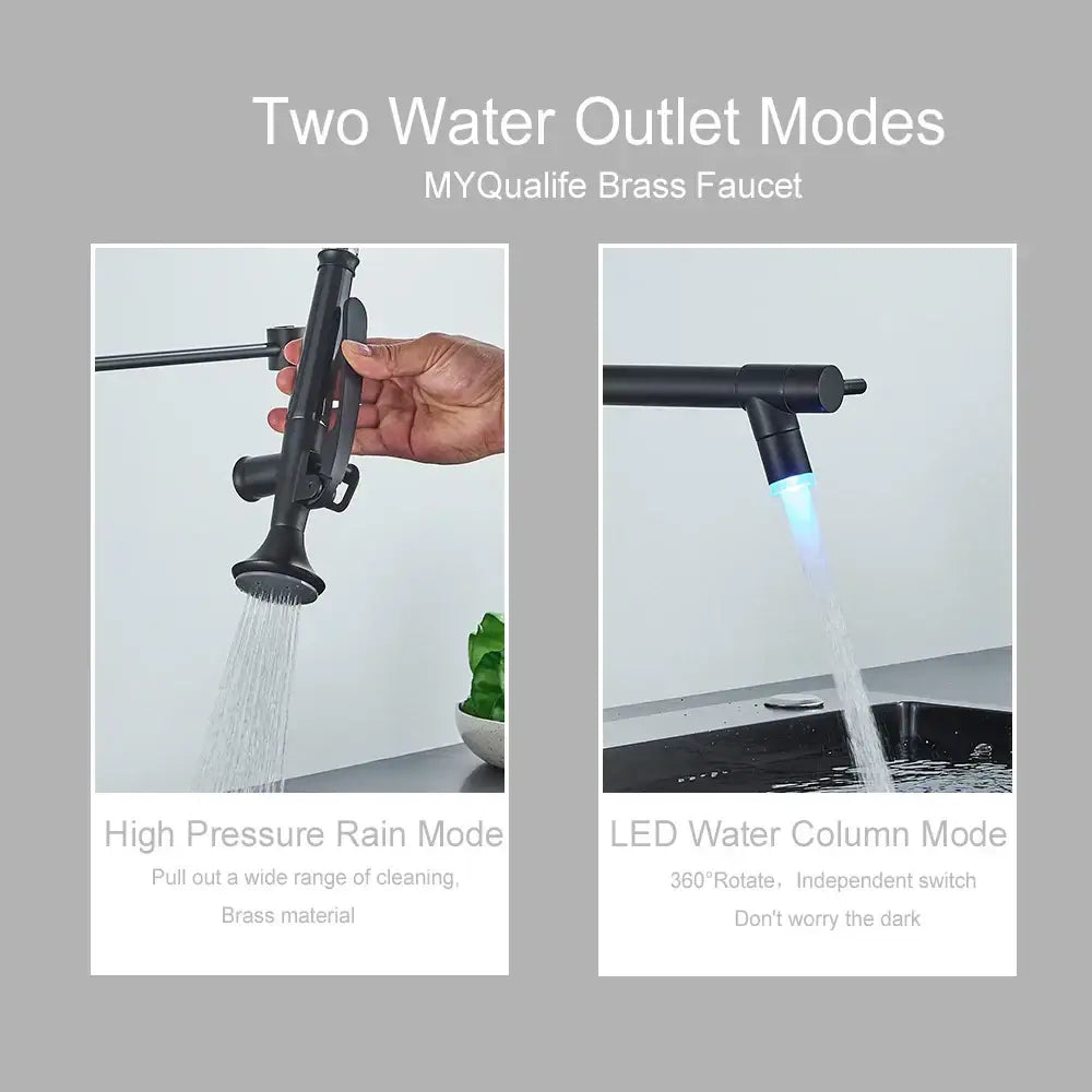 Matte black flexible led kitchen faucet with dual spout mixer in brass features high pressure rain and led water modes