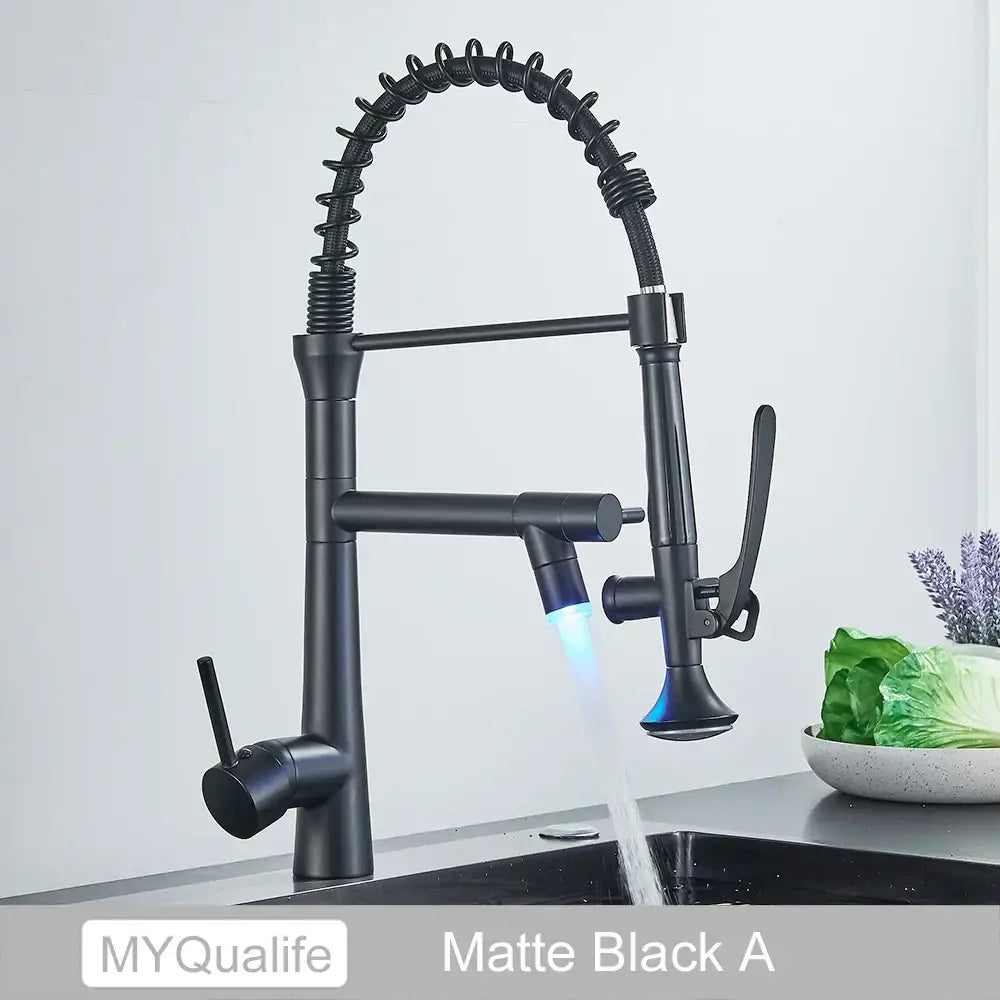 Matte black flexible led kitchen faucet with coiled gooseneck spout and blue led lighting for modern kitchen faucet use