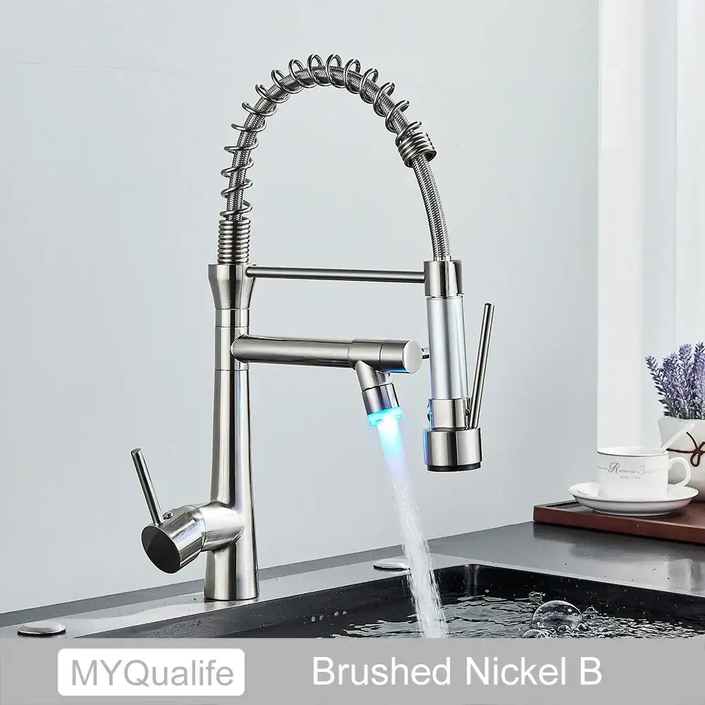 Matte black flexible led kitchen faucet with dual spout mixer and brushed nickel coiled gooseneck spout with blue led light